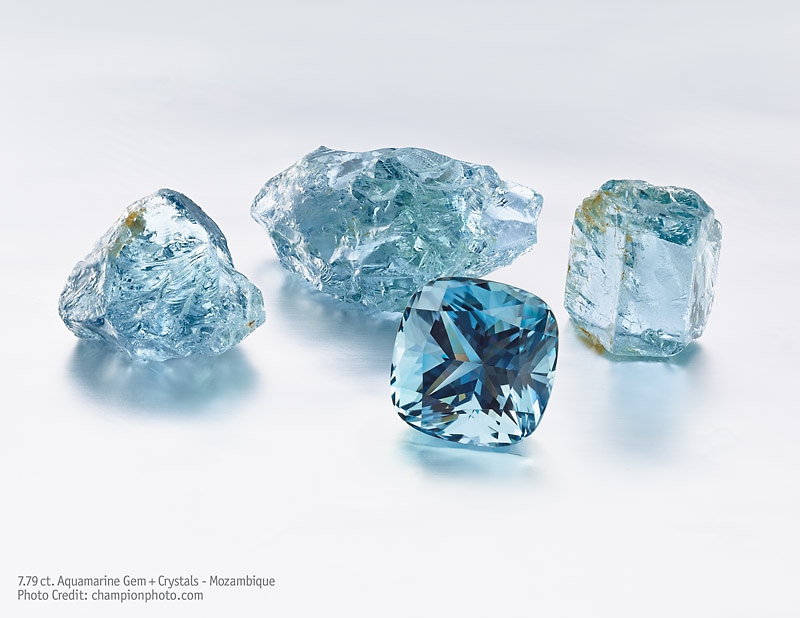 Aquamarine crystals and cushion shaped cut Gem from Mozambique